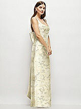 Side View Thumbnail - Butter Yellow Floral Floral Scoop Neck Corset Satin Maxi Dress with Floor-Length Bow Tails