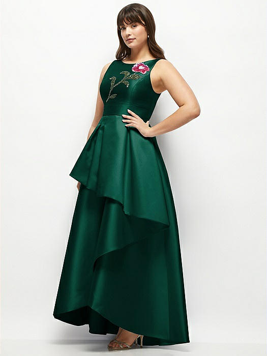Beaded Floral Bodice Satin Maxi Dress with Layered Ballgown Skirt