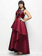 Front View Thumbnail - Burgundy Beaded Floral Bodice Satin Maxi Dress with Layered Ballgown Skirt