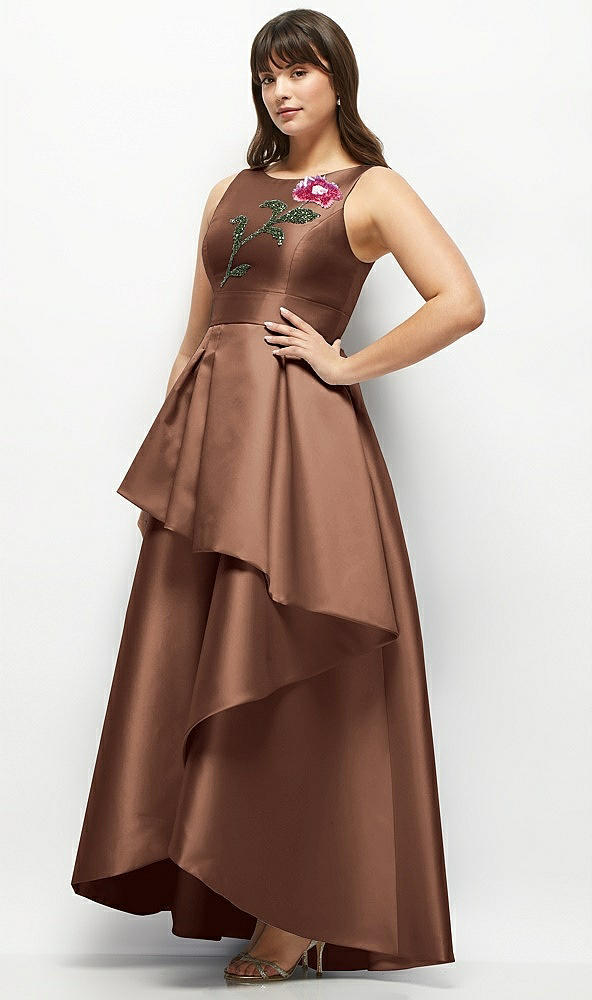 Front View - Cognac Beaded Floral Bodice Satin Maxi Dress with Layered Ballgown Skirt