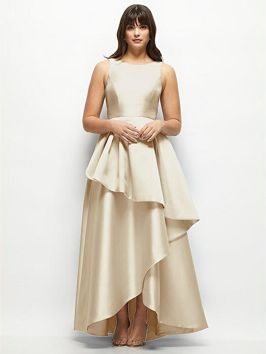 Satin Maxi Dress with Asymmetrical Layered Ballgown Skirt