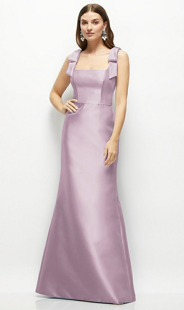 Front View - Suede Rose Satin Fit and Flare Maxi Dress with Shoulder Bows