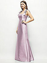Side View Thumbnail - Suede Rose Satin Fit and Flare Maxi Dress with Shoulder Bows