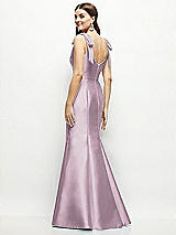 Rear View Thumbnail - Suede Rose Satin Fit and Flare Maxi Dress with Shoulder Bows
