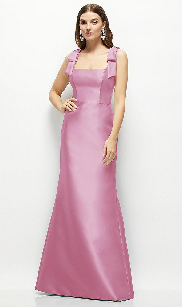 Front View - Powder Pink Satin Fit and Flare Maxi Dress with Shoulder Bows