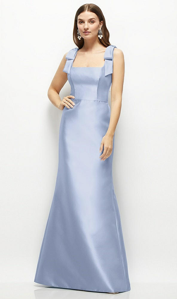 Front View - Sky Blue Satin Fit and Flare Maxi Dress with Shoulder Bows