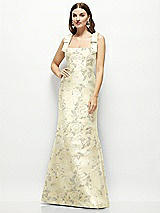 Front View Thumbnail - Butter Yellow Floral Floral Satin Fit and Flare Maxi Dress with Shoulder Bows