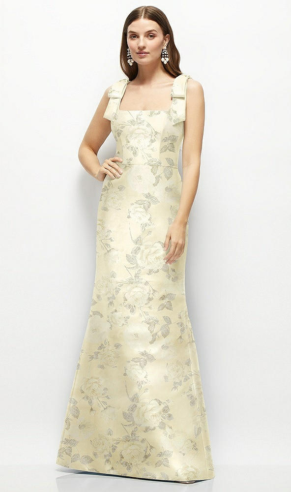 Front View - Butter Yellow Floral Floral Satin Fit and Flare Maxi Dress with Shoulder Bows