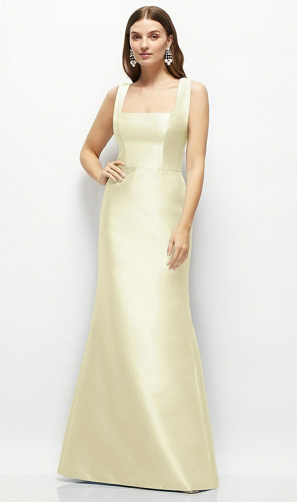 Front View - Butter Yellow Satin Square Neck Fit and Flare Maxi Dress