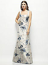 Front View Thumbnail - Inkwash Blue Floral Floral Satin Square Neck Fit and Flare Maxi Dress