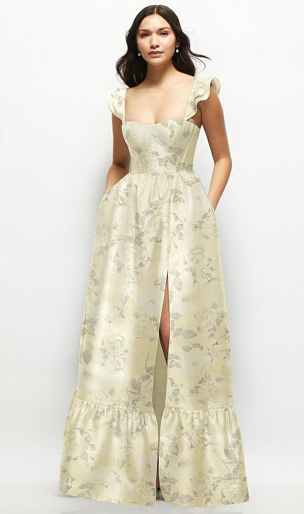 Front View - Butter Yellow Floral Floral Satin Corset Maxi Dress with Ruffle Straps & Skirt
