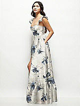 Side View Thumbnail - Inkwash Blue Floral Floral Satin Corset Maxi Dress with Ruffle Straps & Skirt
