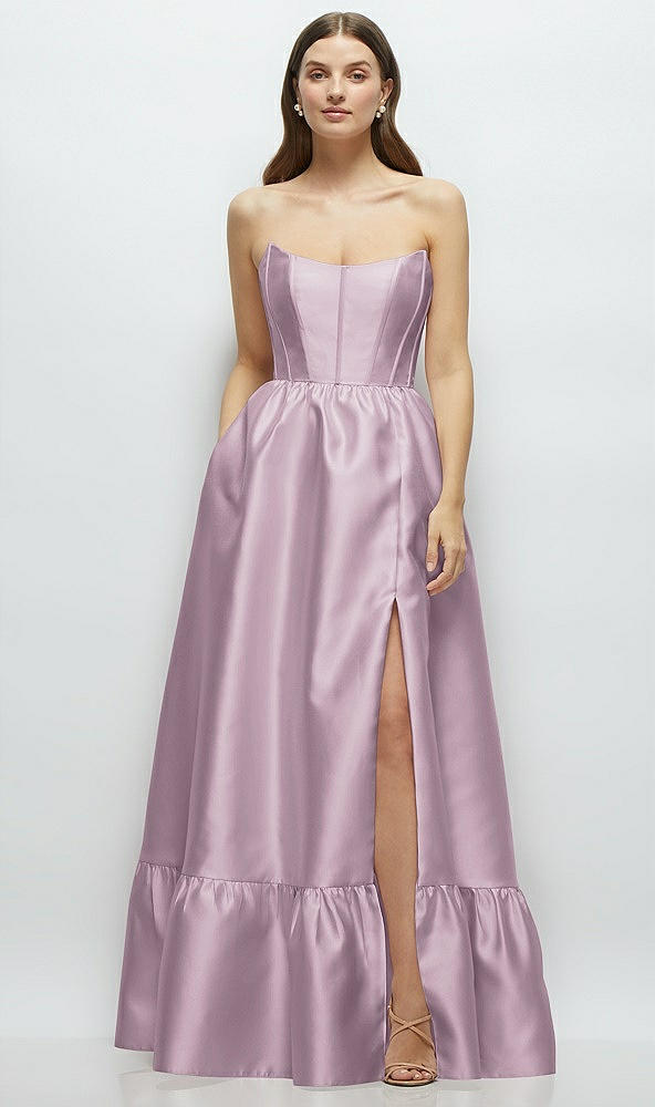 Front View - Suede Rose Strapless Cat-Eye Boned Bodice Maxi Dress with Ruffle Hem