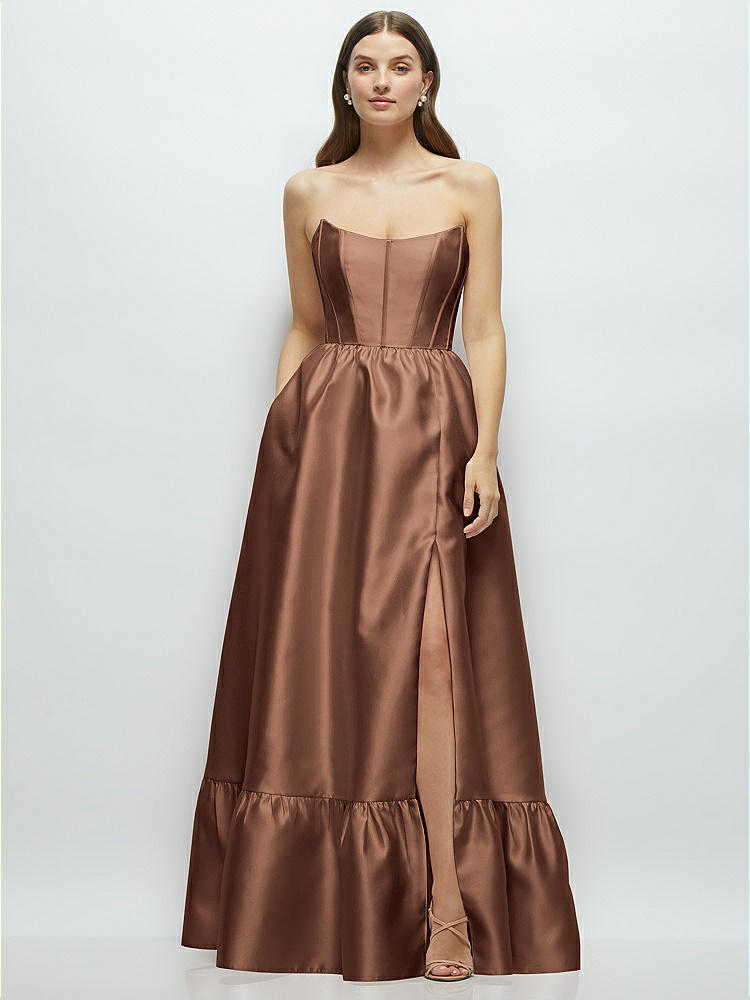 Strapless Draped Skirt Satin Maxi Bridesmaid Dress With Cascade