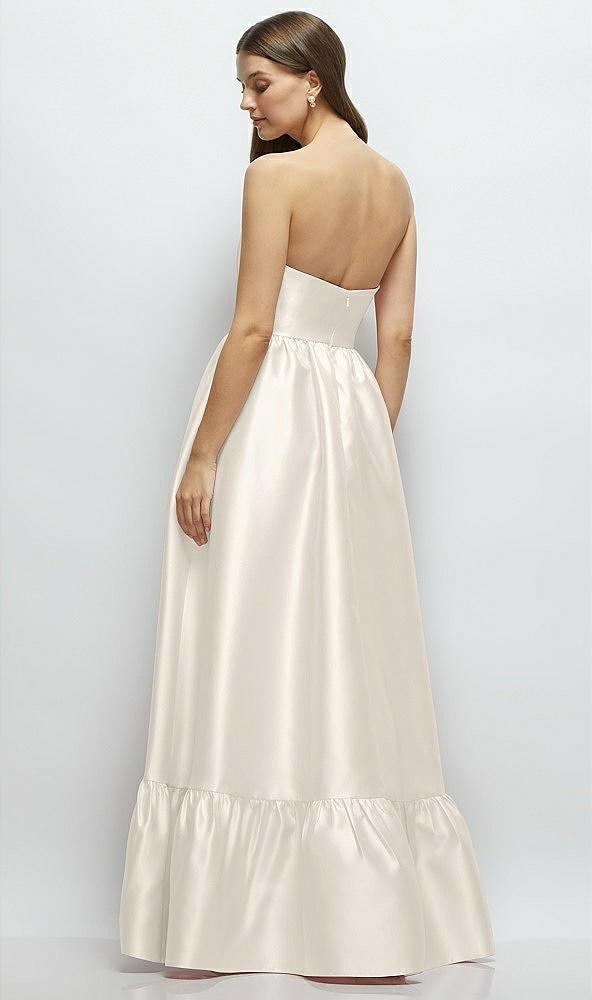 Back View - Ivory Strapless Cat-Eye Boned Bodice Maxi Dress with Ruffle Hem