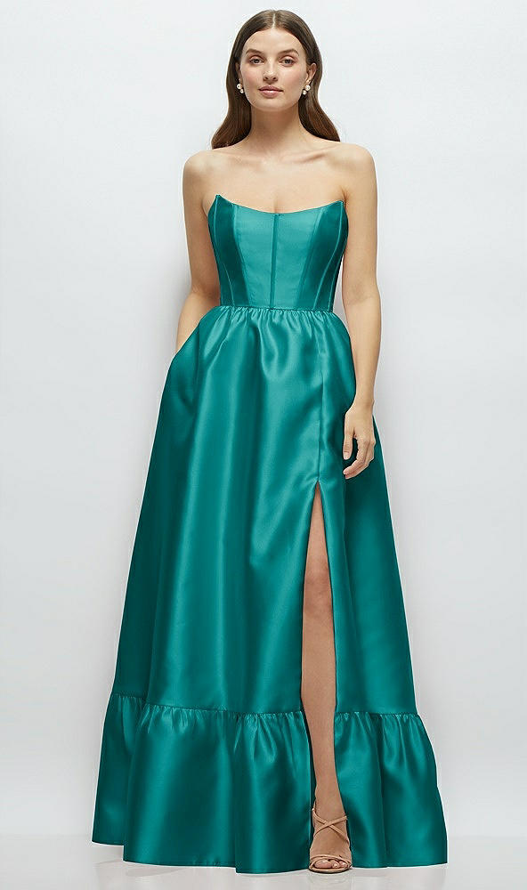Front View - Jade Strapless Cat-Eye Boned Bodice Maxi Dress with Ruffle Hem