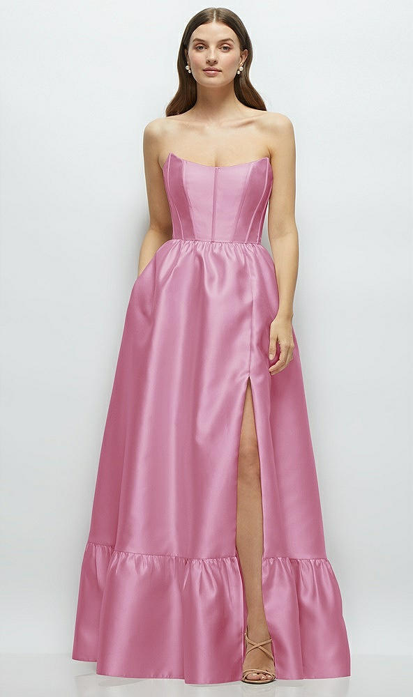 Front View - Powder Pink Strapless Cat-Eye Boned Bodice Maxi Dress with Ruffle Hem