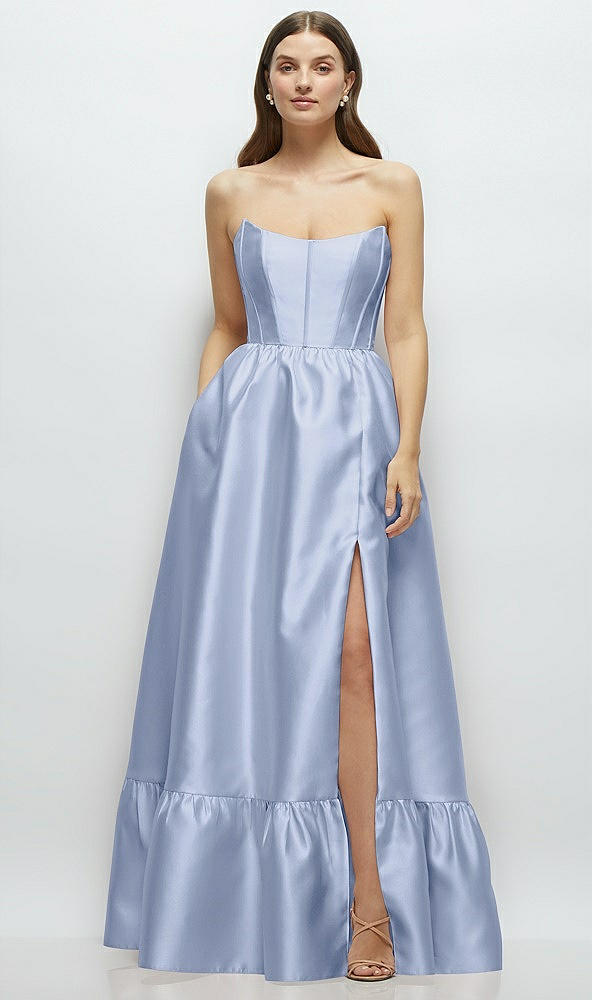 Front View - Sky Blue Strapless Cat-Eye Boned Bodice Maxi Dress with Ruffle Hem