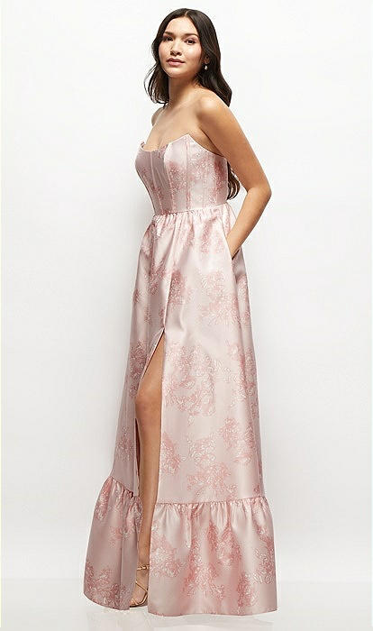 Floral Strapless Cat-eye Boned Bodice Maxi Bridesmaid Dress With