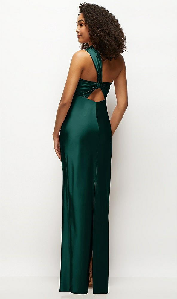 Back View - Evergreen Satin Twist Bandeau One-Shoulder Bias Maxi Dress
