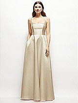 Front View Thumbnail - Champagne Square-Neck Satin Maxi Dress with Full Skirt
