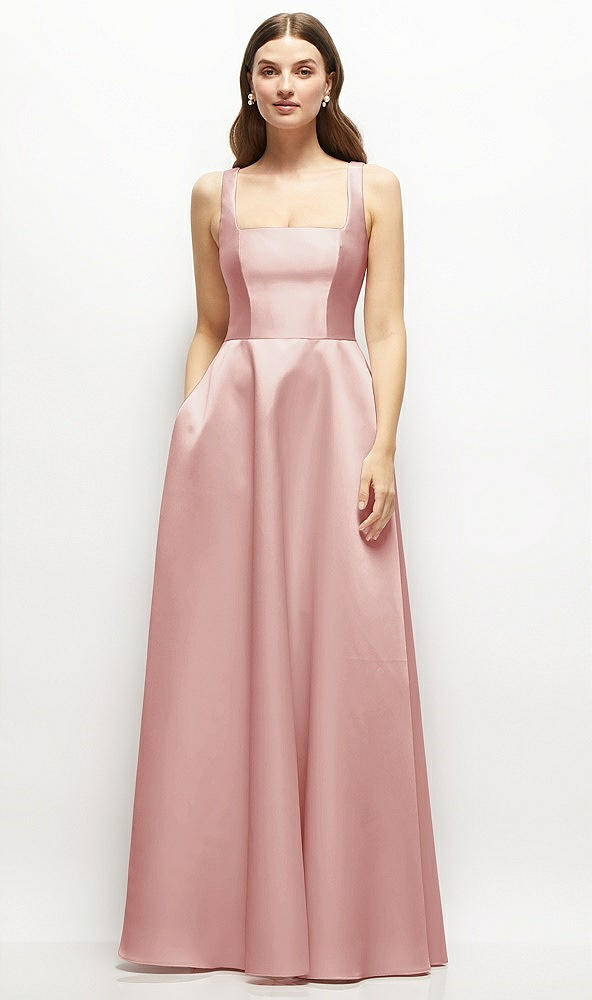 Front View - Rose Square-Neck Satin Maxi Dress with Full Skirt