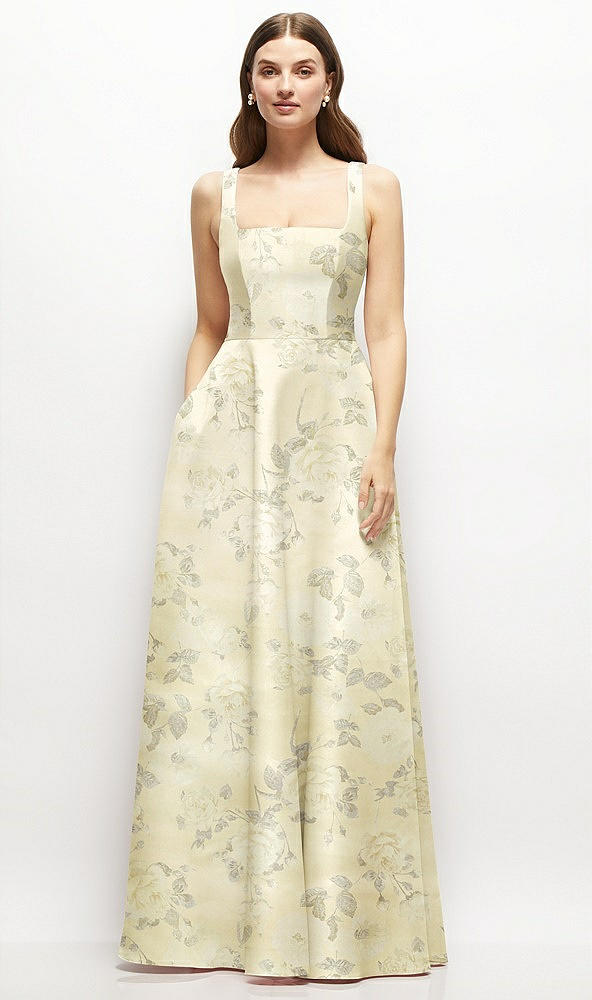 Front View - Butter Yellow Floral Floral Square-Neck Satin Maxi Dress with Full Skirt