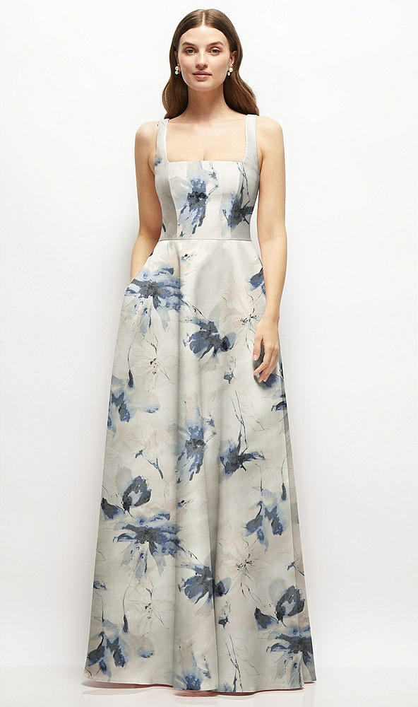 Front View - Inkwash Blue Floral Floral Square-Neck Satin Maxi Dress with Full Skirt
