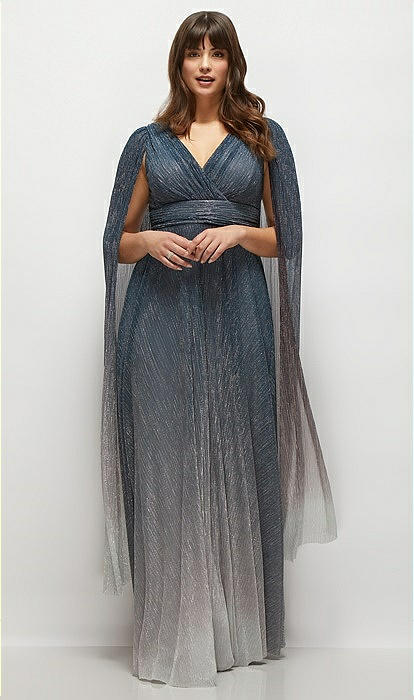Streamer Sleeve Ombre Pleated Metallic Maxi Bridesmaid Dress In