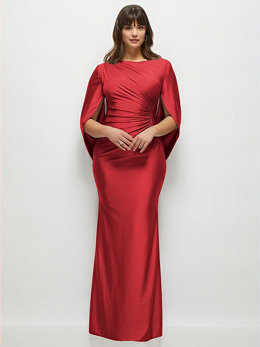 Draped Stretch Satin Maxi Dress with Built-in Capelet
