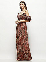 Front View Thumbnail - Harvest Floral Print Dramatic Ruffle Edge Strap Fall Foral Pleated Metallic Maxi Dress