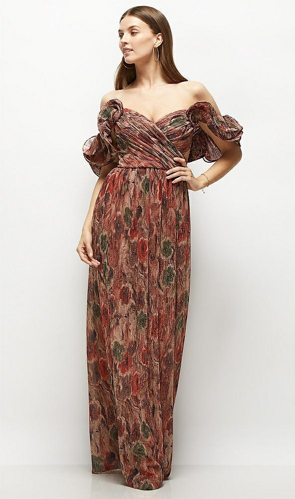 Back View - Harvest Floral Print Dramatic Ruffle Edge Strap Fall Foral Pleated Metallic Maxi Dress