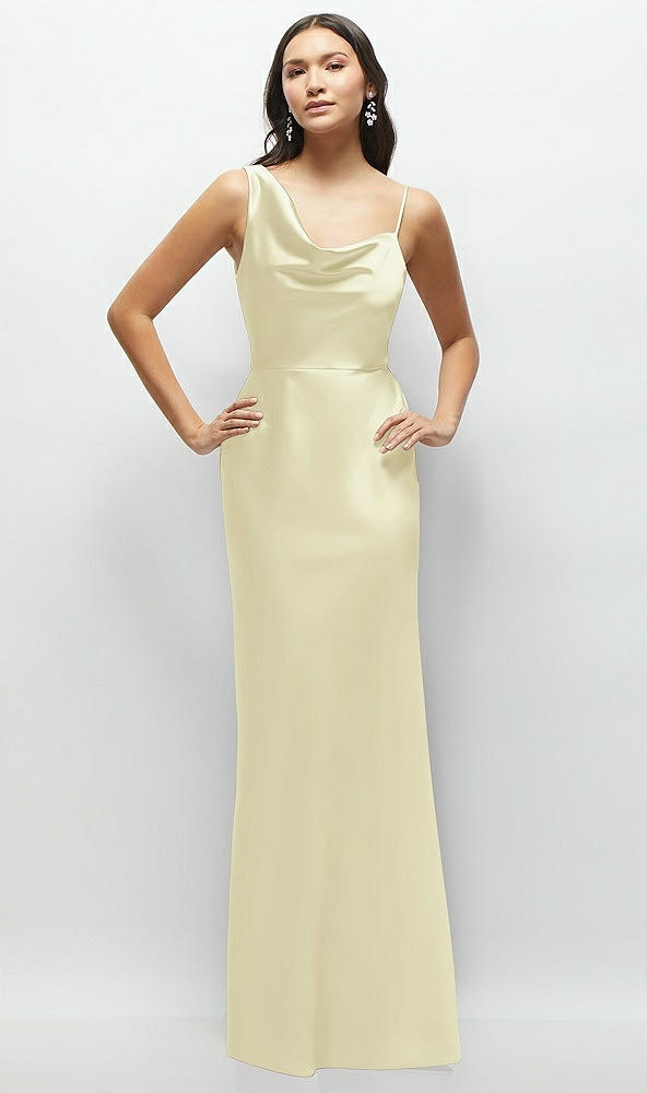 Front View - Butter Yellow One-Shoulder Draped Cowl A-Line Satin Maxi Dress