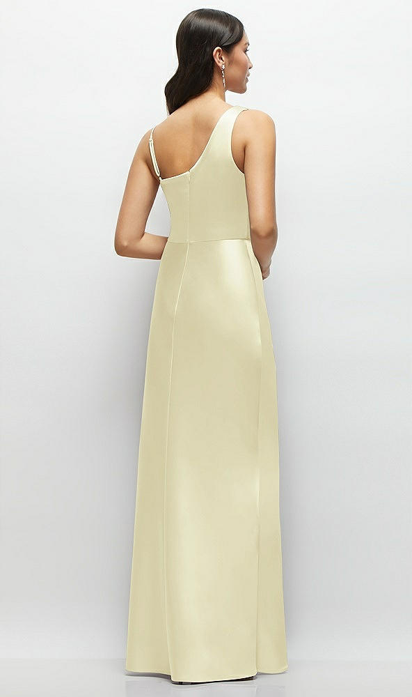 Back View - Butter Yellow One-Shoulder Draped Cowl A-Line Satin Maxi Dress