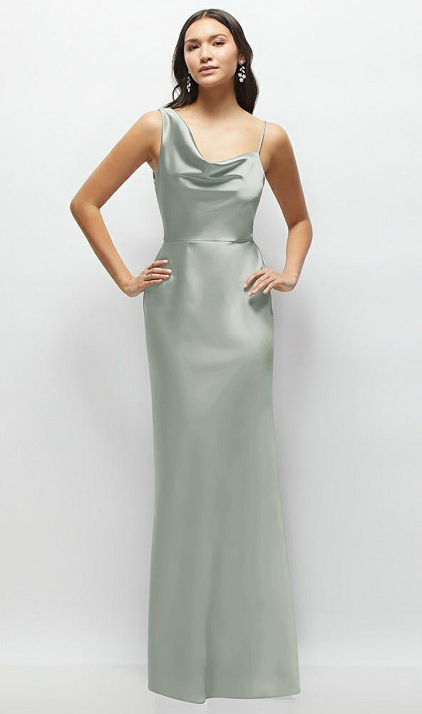 Front View - Willow Green One-Shoulder Draped Cowl A-Line Satin Maxi Dress