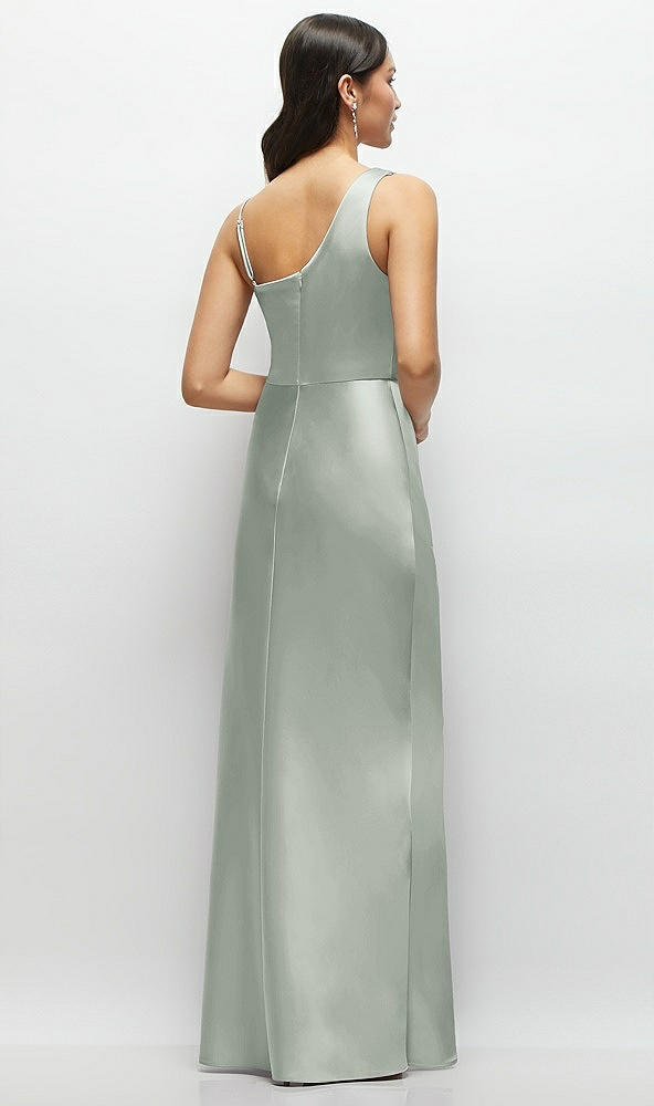 Back View - Willow Green One-Shoulder Draped Cowl A-Line Satin Maxi Dress