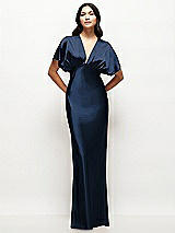 Front View Thumbnail - Midnight Navy Plunge Neck Kimono Sleeve Satin Bias Maxi Dress