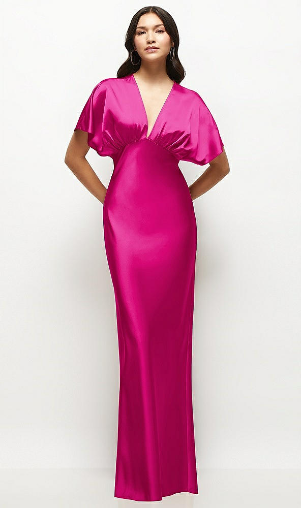 Front View - Think Pink Plunge Neck Kimono Sleeve Satin Bias Maxi Dress