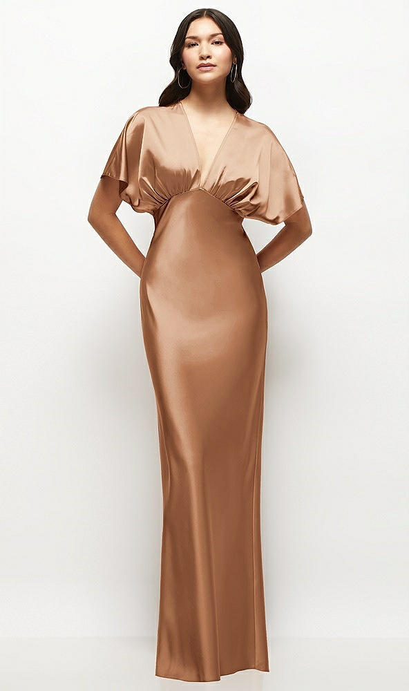 Front View - Toffee Plunge Neck Kimono Sleeve Satin Bias Maxi Dress