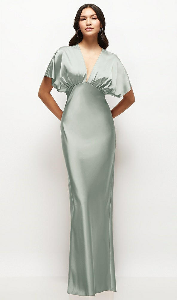 Front View - Willow Green Plunge Neck Kimono Sleeve Satin Bias Maxi Dress