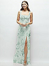 Front View Thumbnail - Mint Green Floral Square Neck Chiffon Maxi Dress with Circle Skirt
