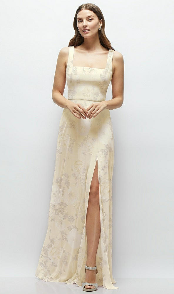 Front View - Butter Yellow Floral Square Neck Chiffon Maxi Dress with Circle Skirt