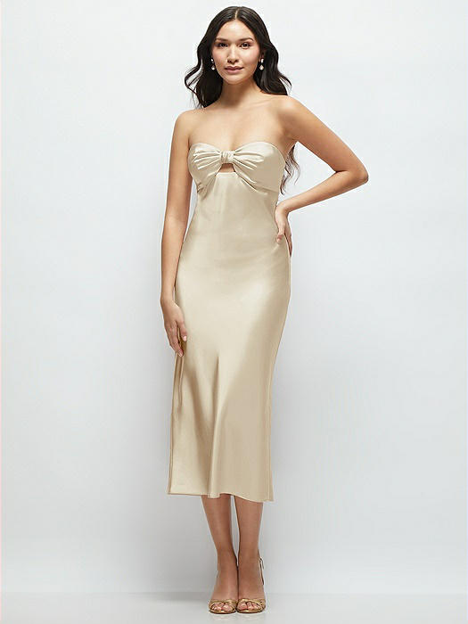 Strapless Bow-Bandeau Cutout Satin Midi Slip Dress
