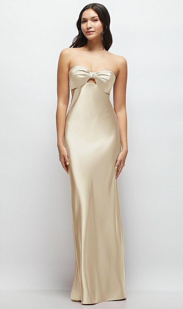 Front View - Champagne Strapless Bow-Bandeau Cutout Satin Maxi Slip Dress