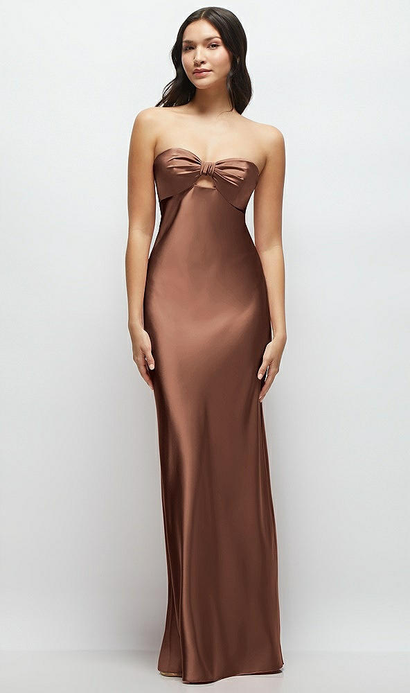 Front View - Cognac Strapless Bow-Bandeau Cutout Satin Maxi Slip Dress