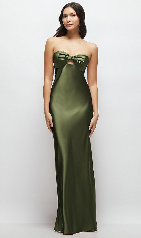 Front View - Olive Green Strapless Bow-Bandeau Cutout Satin Maxi Slip Dress