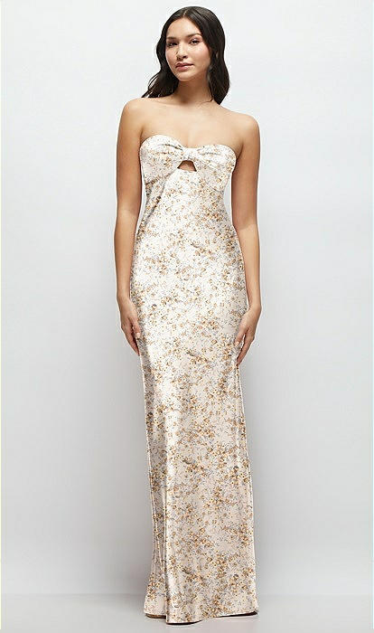 Strapless Bow-bandeau Cutout Floral Satin maxi Slip Bridesmaid