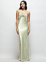 Front View Thumbnail - Vintage Primrose Celadon Strapless Bow-Bandeau Cutout Floral Satin Maxi Slip Dress