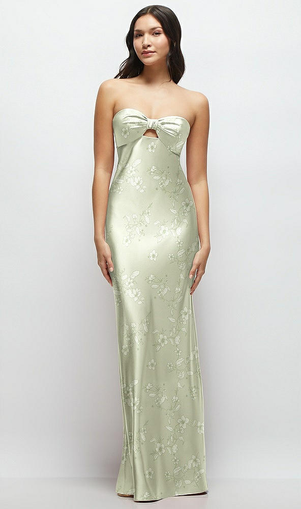 Front View - Vintage Primrose Celadon Strapless Bow-Bandeau Cutout Floral Satin Maxi Slip Dress