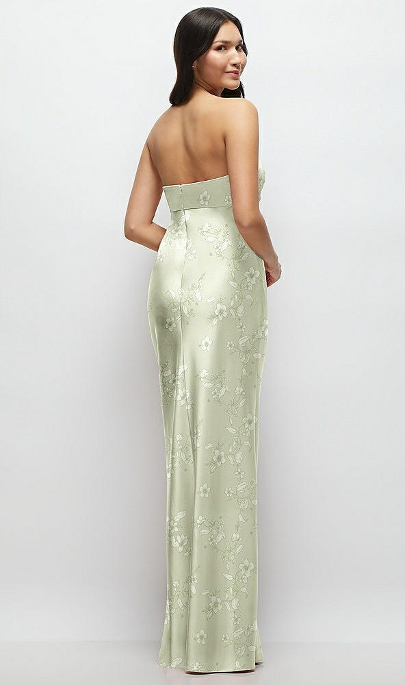 Back View - Vintage Primrose Celadon Strapless Bow-Bandeau Cutout Floral Satin Maxi Slip Dress